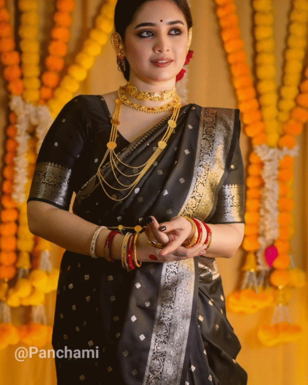 আলাদা ব্লাউজ পিস সহ কালো ধুপিয়ান শাড়ি