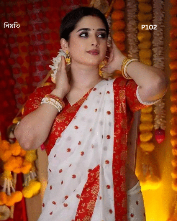 আলাদা ব্লাউজ পিস সহ হাফ সিল্ক শাড়ি-P102